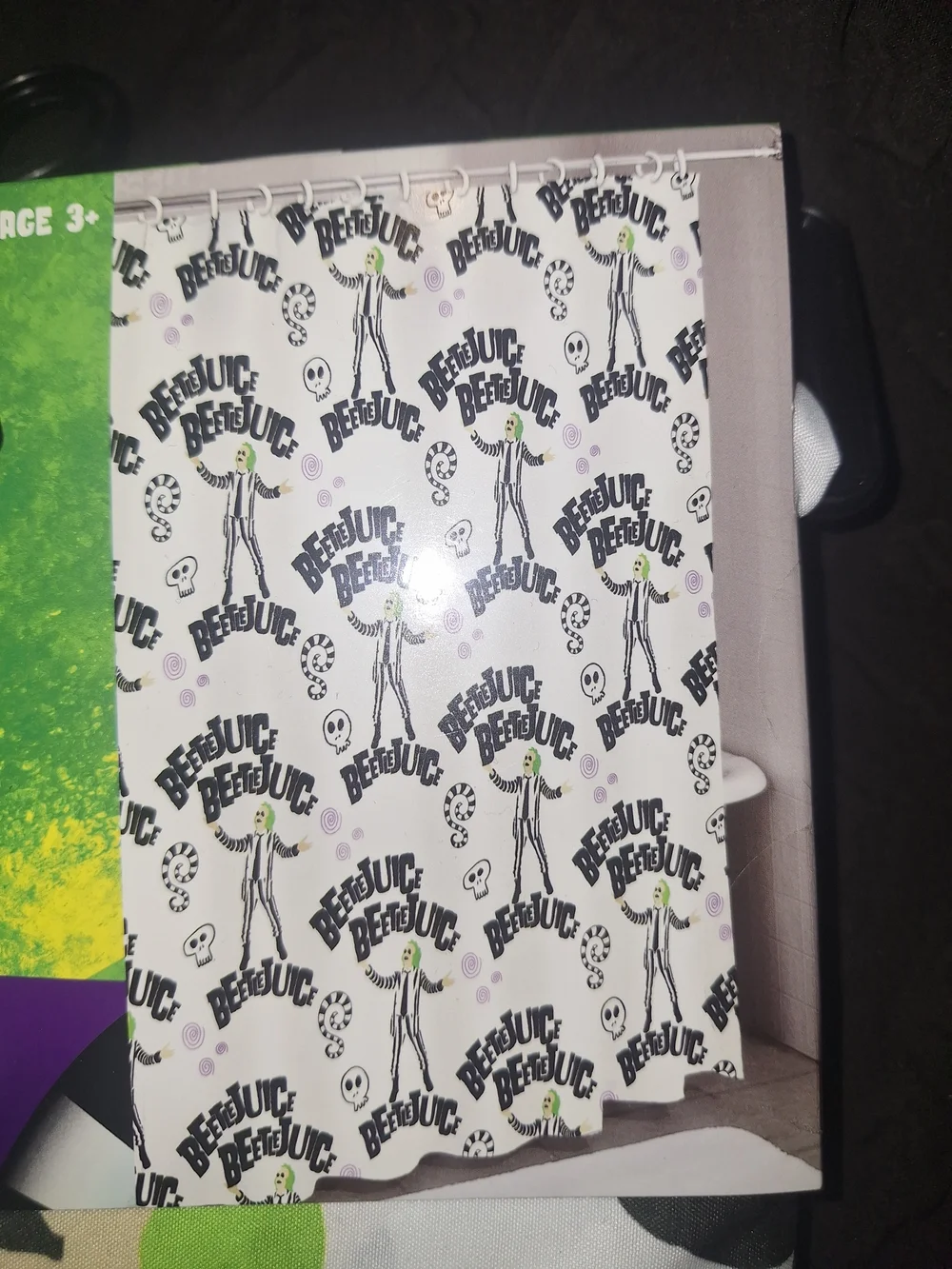 Beetlejuice Shower Curtain - Black & White with Green Accents